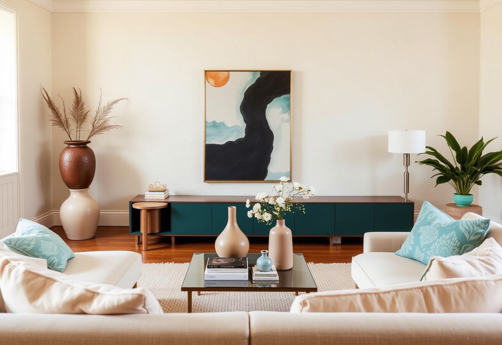 Living room styled with Aljarash Home ceramics, linen and woven storage